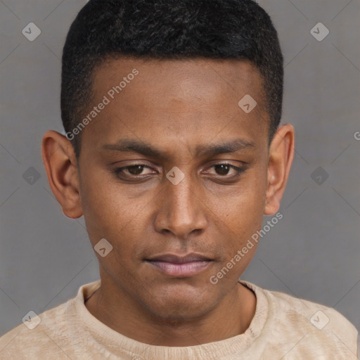 Neutral latino young-adult male with short  brown hair and brown eyes