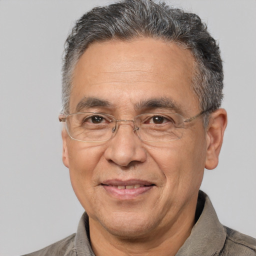 Joyful white middle-aged male with short  brown hair and brown eyes