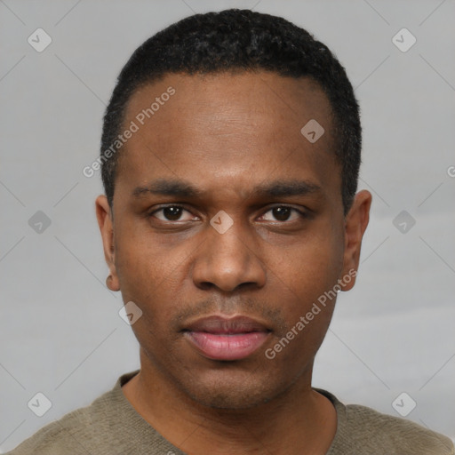 Neutral black young-adult male with short  black hair and brown eyes