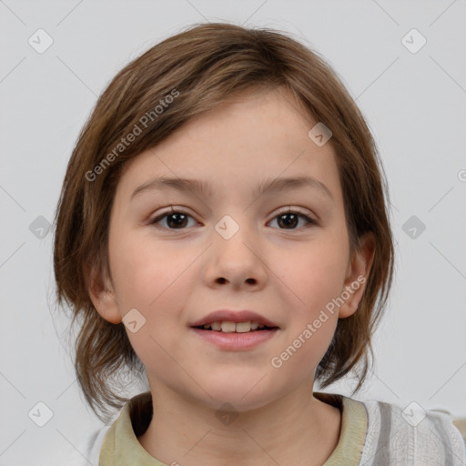 Joyful white child female with medium  brown hair and brown eyes