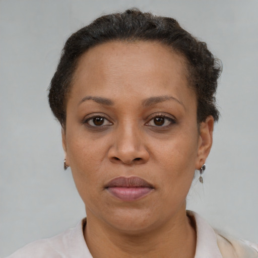 Joyful black adult female with short  brown hair and brown eyes