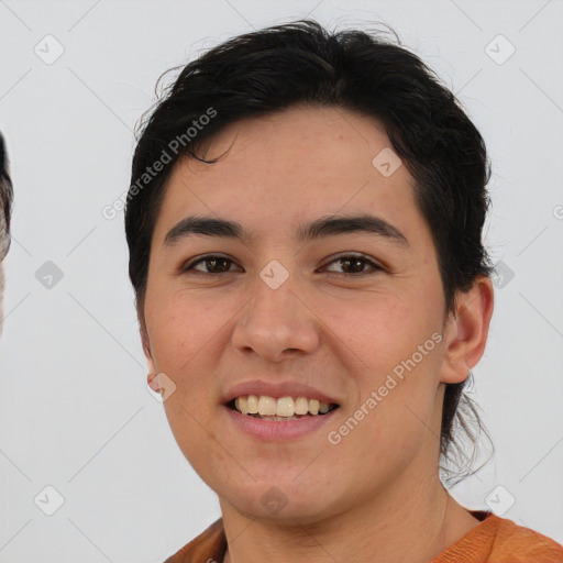 Joyful asian young-adult female with short  brown hair and brown eyes