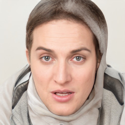 Neutral white young-adult female with short  brown hair and grey eyes