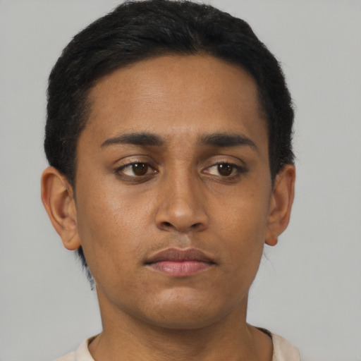 Neutral latino young-adult male with short  brown hair and brown eyes
