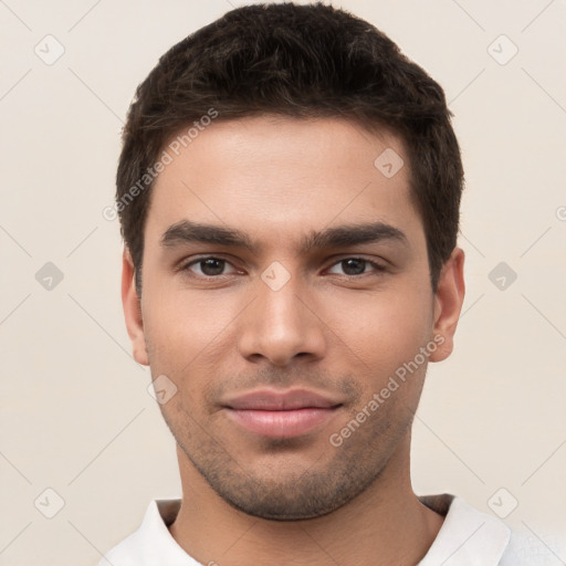 Neutral white young-adult male with short  brown hair and brown eyes