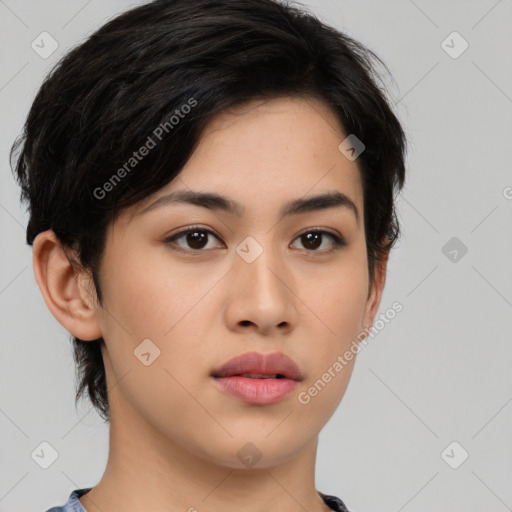 Neutral asian young-adult female with medium  black hair and brown eyes