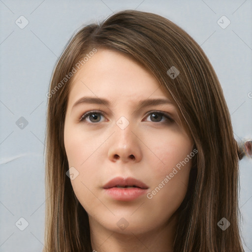 Neutral white young-adult female with long  brown hair and brown eyes