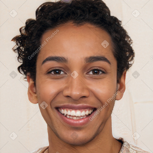 Joyful latino young-adult female with short  black hair and brown eyes