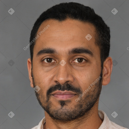 Neutral latino young-adult male with short  black hair and brown eyes