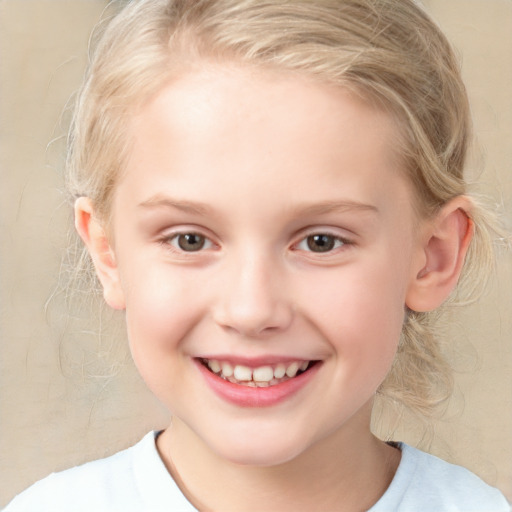 Joyful white child female with medium  blond hair and blue eyes