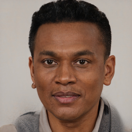 Joyful black young-adult male with short  black hair and brown eyes