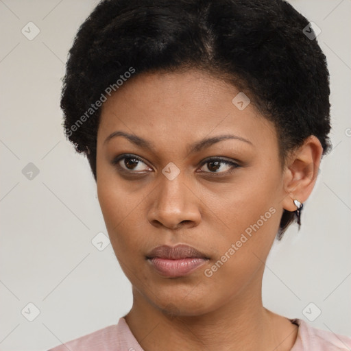 Neutral black young-adult female with short  brown hair and brown eyes