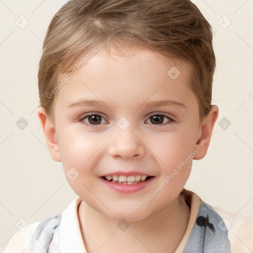 Joyful white child female with short  brown hair and brown eyes