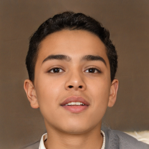 Neutral latino young-adult male with short  brown hair and brown eyes