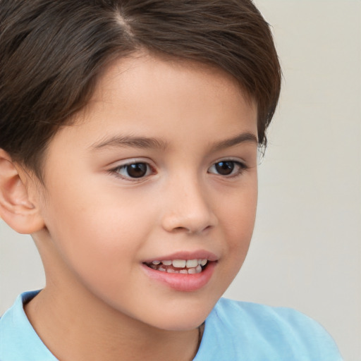 Joyful white child female with short  brown hair and brown eyes