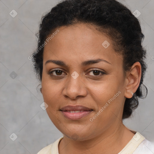 Joyful latino young-adult female with short  brown hair and brown eyes