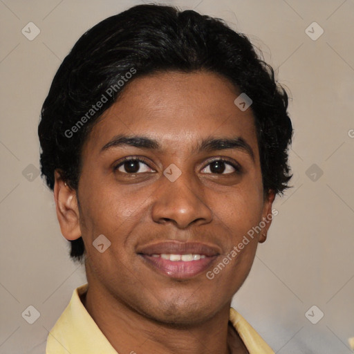 Joyful latino young-adult male with short  brown hair and brown eyes