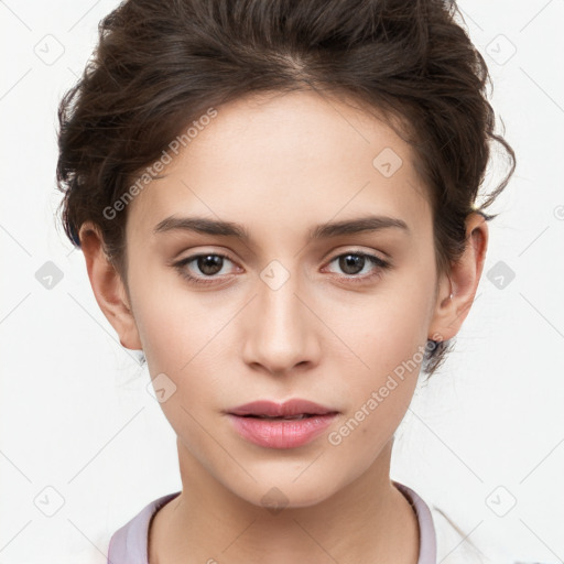 Neutral white young-adult female with long  brown hair and brown eyes