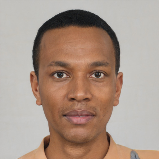 Neutral black young-adult male with short  black hair and brown eyes