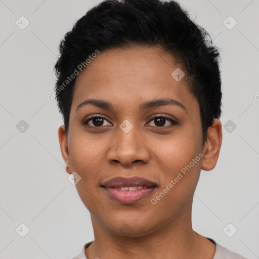 Joyful latino young-adult female with short  black hair and brown eyes