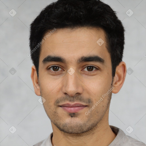 Neutral latino young-adult male with short  black hair and brown eyes