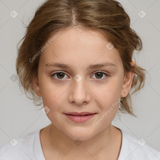 Joyful white child female with medium  brown hair and brown eyes