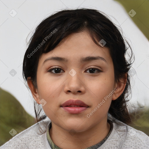 Neutral white young-adult female with medium  brown hair and brown eyes