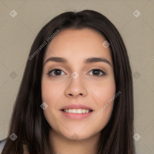 Joyful white young-adult female with long  black hair and brown eyes