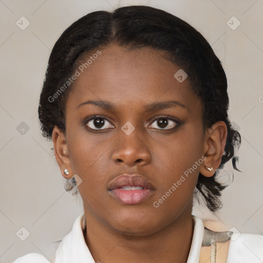 Neutral black young-adult female with medium  brown hair and brown eyes