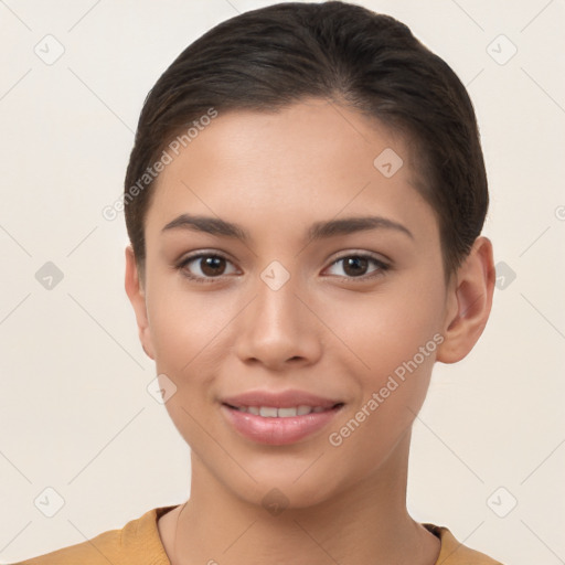 Joyful white young-adult female with short  brown hair and brown eyes