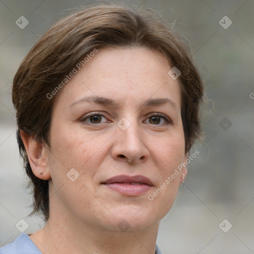 Joyful white adult female with medium  brown hair and grey eyes