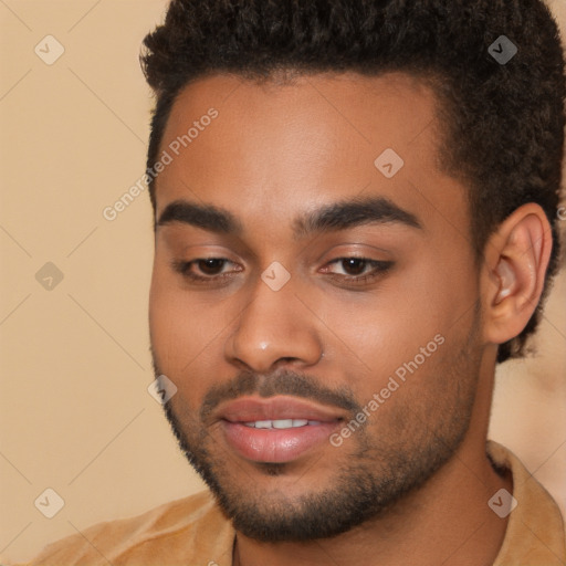 Joyful black young-adult male with short  black hair and brown eyes