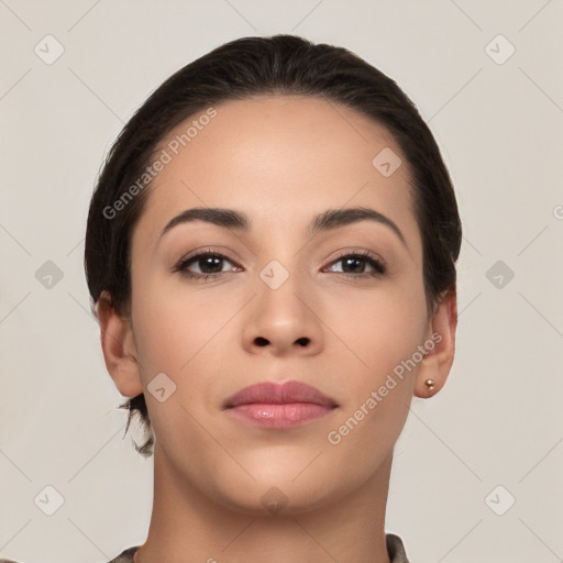 Neutral white young-adult female with short  brown hair and brown eyes