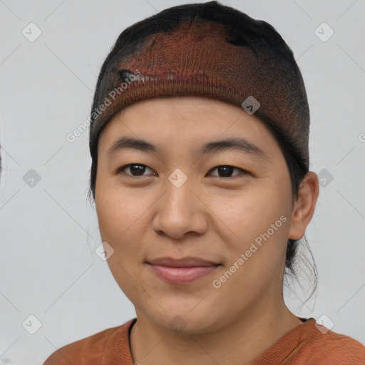 Joyful asian young-adult female with short  brown hair and brown eyes