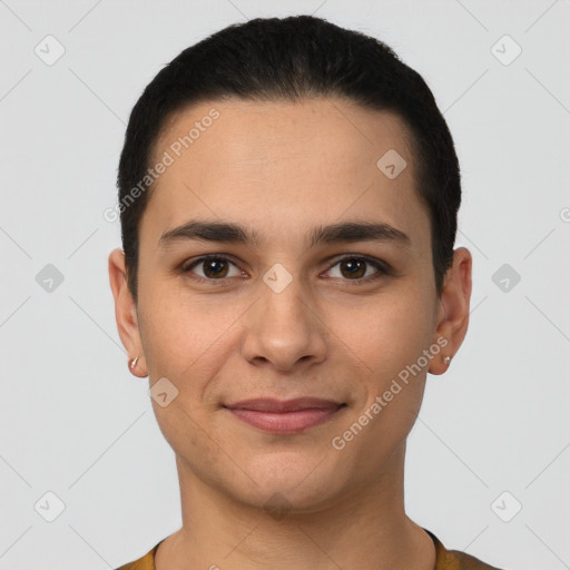 Joyful white young-adult male with short  brown hair and brown eyes