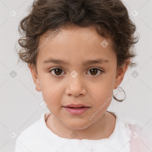 Joyful white child female with short  brown hair and brown eyes