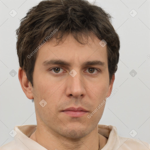 Neutral white young-adult male with short  brown hair and brown eyes