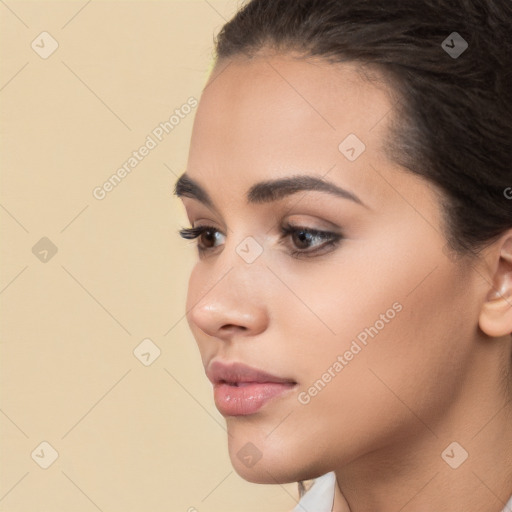 Neutral white young-adult female with long  brown hair and brown eyes