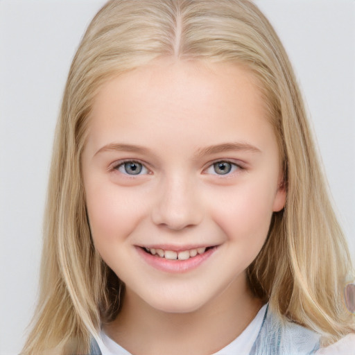 Joyful white child female with medium  brown hair and blue eyes