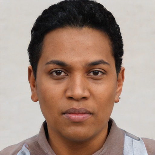 Neutral latino young-adult male with short  black hair and brown eyes