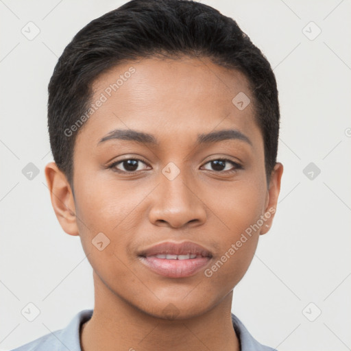 Joyful latino young-adult female with short  brown hair and brown eyes