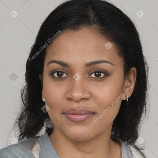 Joyful latino young-adult female with long  brown hair and brown eyes