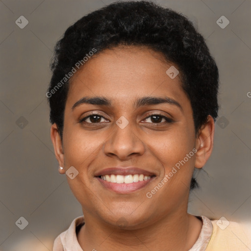 Joyful latino young-adult female with short  brown hair and brown eyes