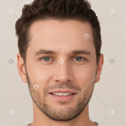 Joyful white young-adult male with short  brown hair and brown eyes