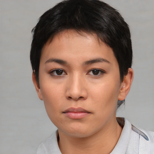 Neutral asian young-adult female with short  brown hair and brown eyes