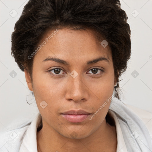 Neutral white young-adult female with short  brown hair and brown eyes