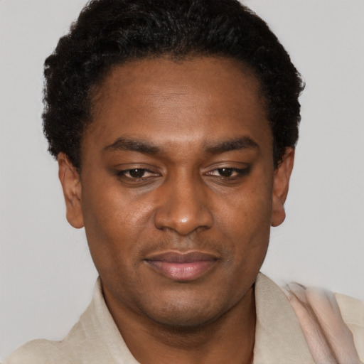 Joyful black young-adult male with short  black hair and brown eyes