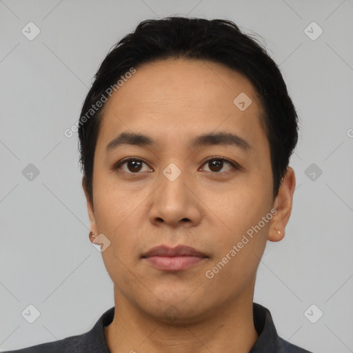 Neutral asian young-adult male with short  black hair and brown eyes