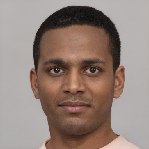 Neutral black young-adult male with short  black hair and brown eyes