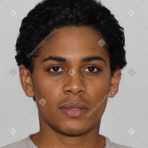 Neutral black young-adult female with short  black hair and brown eyes